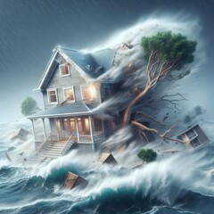 A strong hurricane that destroys a house.