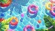Modern illustration of colorful inflatable rings floating in swimming pool top view of pool party poster. Cartoon invitation flyer, card for summer vacation entertainment.