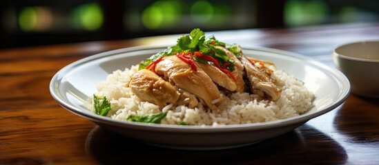 Poster - Chicken rice bowl with vegetables on wooden table