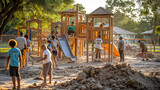 Fototapeta  - Community Park Renovation - Volunteers Upgrade Children's Playground at Sunset