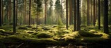 Fototapeta  - A tranquil forest with tree-covered rocks in scenic Sweden