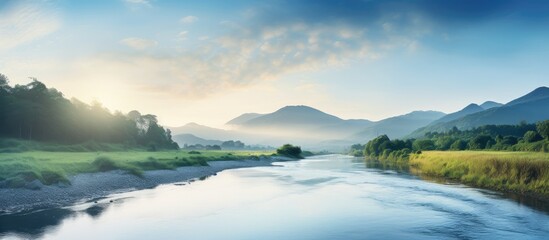 Fototapete - River flowing through green meadow