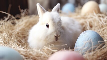 Wall Mural - Adorable Easter Bunny Relaxing in Pastel Nest Generative AI