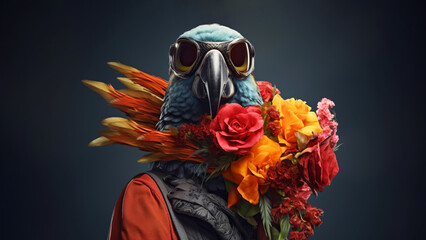 Wall Mural - Anthropomorphic hyperrealistic cyberpunk African blue parrot bird character wearing glasses holding bouquet of red and yellow flowers on minimal dark background. Modern pop art illustration