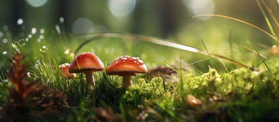 Poster - Two mushrooms bask in the sun on grass