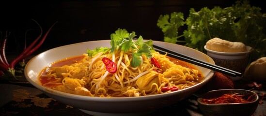 Fototapete - Close up of noodles, chopsticks, and sauce
