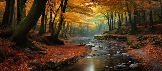 Poster - Autumn forest stream with colorful foliage and rocks