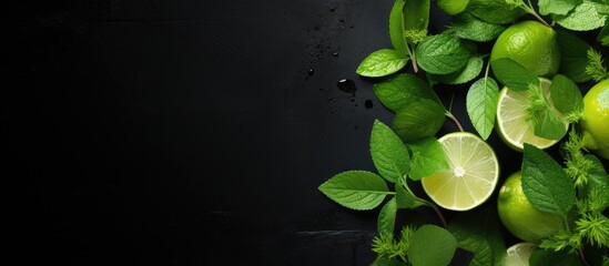 Fototapete - Limes and mint leaves on dark surface