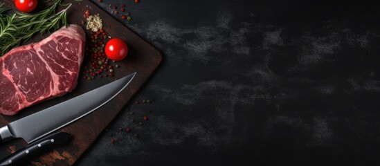 Aufkleber - A knife cuts a steak on a wooden board with tomatoes