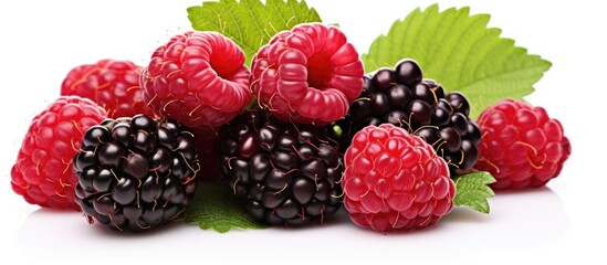 Poster - Ripe raspberries cluster up close with foliage