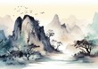 Serene Asian Mountain Landscape Painting Generative AI