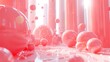Glowing Spherical Formations with Vibrant Red Lighting Against Reflective Backdrop Showcase Innovative Digital Art Concept