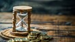 Retro vintage a hourglass with pile of coins on rustic wooden board. AI generated image