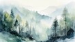 Enchanting Foggy Forest Landscape in Watercolor Generative AI