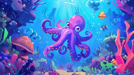 Wall Mural - An underwater landscape with wild marine animals and funny octopus and turtle characters. Scuba diving banner with sea life illustrations.