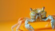 a crab with a large body and legs on a yellow surface