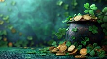 A Pot Of Gold Coins And Shamrock Leaves On A Green Surface