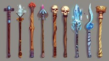 An Illustrated Set Of Sorcerer Scepters With Shiny Crystals Isolated On A Dark Background. Fantasy Wooden And Metal Scepters With Crystals And Skulls.