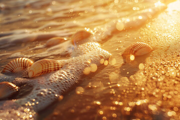 Sticker - A beach scene with shells scattered across the sand