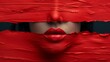 a woman with red lipstick covering her face behind a piece of red paint
