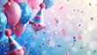 Birthday banner design with hats, balloons, confetti on defocused background. Anniversary celebration backdrop design with festive items in realistic 3D modern format.