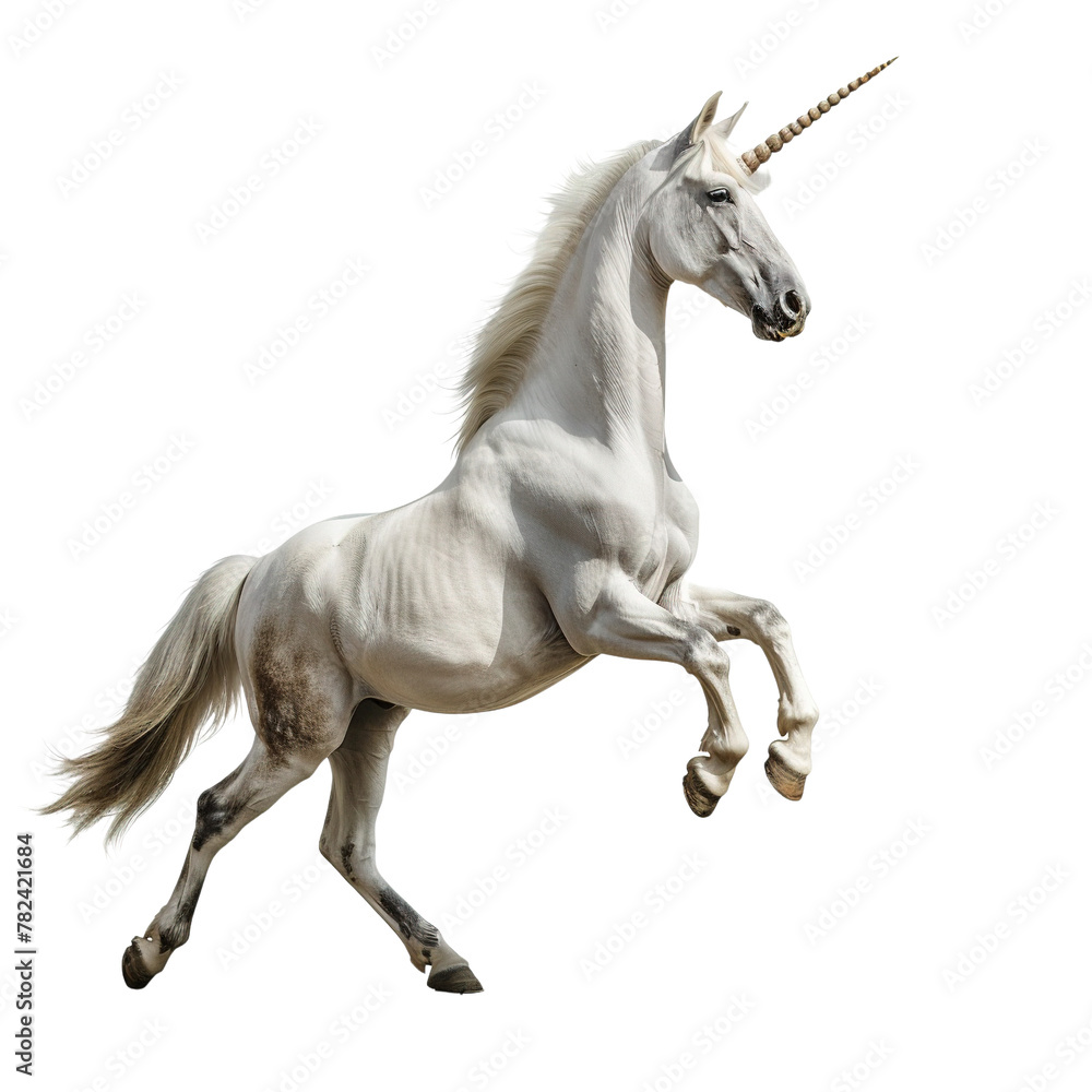 A unicorn rearing up on white background,png Stock Photo Adobe