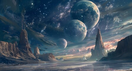 Wall Mural - A futuristic landscape with a distant star system in the background