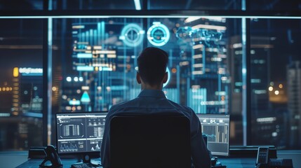 a man sitting at a desk in front of a computer monitor with a lot of data on it