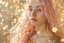 Portrait Of Dreamy Young Woman With Pastel Pink Hair In Golden Bokeh For Beauty Concept