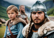 Historical Characters - A young Viking with his children, against the backdrop of a characteristic Viking village