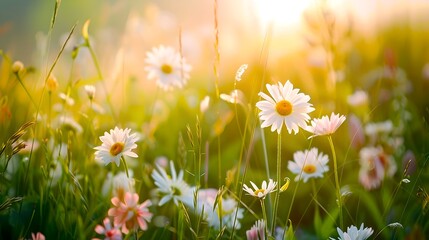 Sticker - Warm summer meadow with blooming daisies basking in sunlight. Golden hour in floral paradise. Peaceful, tranquil nature scene. Ideal for relaxation and backgrounds. AI