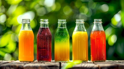 Canvas Print - Assorted colorful fruit juice bottles on a wooden surface outdoors. Natural, vibrant colors in sunlight. Healthy lifestyle concept. Refreshing summer beverages. AI