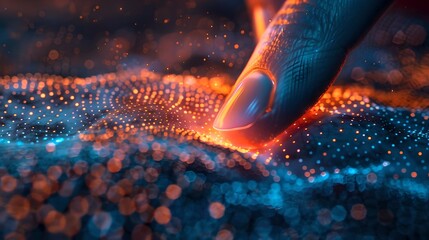 Wall Mural - digital interaction concept, finger touching glowing dots. futuristic technology theme. abstract bac