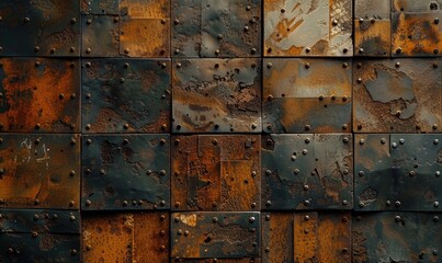 Poster - abstract background with rusted metal plates in shades of deep brown and ochre