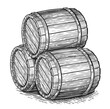 Three wooden casks for wine and other alcohol. Oak barrels sketch. Vintage vector illustration