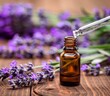 Glass bottle of lavender essential oil with fresh lavender flowers and dried lavender seeds on rustic table, aromatherapy spa massage concept. Lavender Oleum