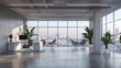 © vita555 - Elevated view of an open plan work office. Panoramic CEO office interior with blurred cityscape