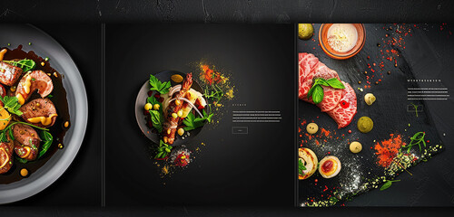 Wall Mural - A food photography template with close-up shots of gourmet dishes, each image framed by a thin. 32k, full ultra hd, high resolution