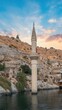 Halfeti village with sunken mosque and minaret in Euphrates river. This place is a popular touristic destination