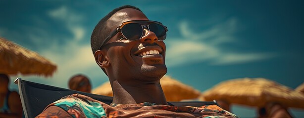 Wall Mural - Sunbathing happy african american man on the beach on a warm summer day