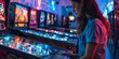 Woman enjoying pinball in a dynamic, neon-lit arcade environment. Entertainment and leisure concept with a focus on fun.