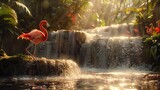 Fototapeta  - A flamingo wades in the water near a waterfall