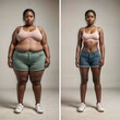 Transformation of an young adult african womans body shown in shorts and top before weight loss with larger arms and thighs, and after weight loss with toned muscles and slimmer waist and legs
