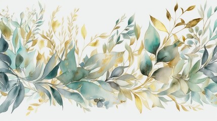 Wall Mural - Elegant Watercolor Foliage Border with Golden Accents Generative AI