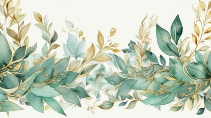 Wall Mural - Nature-Inspired Watercolor Border with Foliage and Gold Accents Generative AI
