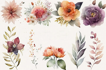 Wall Mural - Watercolor Wedding Floral Set on White Background Generative AI