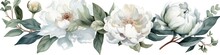 Delicate Watercolor Arrangement With White Peonies And Eucalyptus Generative AI