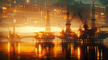Oil Drilling Rigs At Dusk With Glowing Financial Graphs, Symbolizing Market Performance