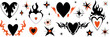 Flame heart set y2k style. Trendy grunge scrawl icon for stickers. Emo gothic heart and star. Vector illustration.