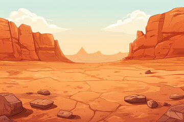 cartoon landscape background with desert, in the style of creased crinkled wrinkled, terracotta, flattened perspective, stone